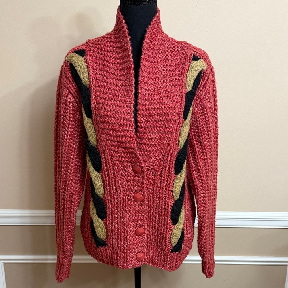 POL Red and Black Knit Cardigan with Gold Accents